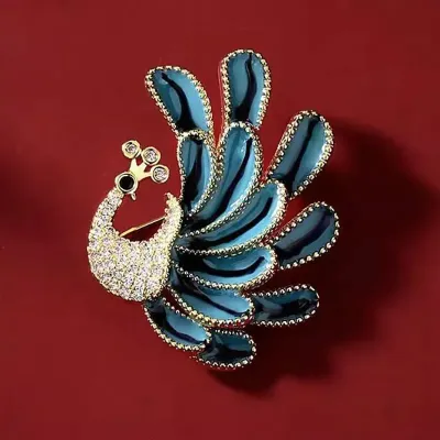 Blue & Silver Rhinestones Corsage Peacock Brooch 