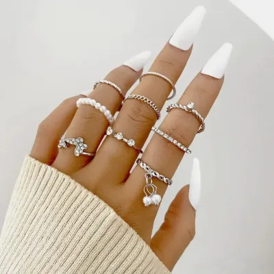 9 Pc Pearl Butterfly Finger Ring ( 1 Set) 