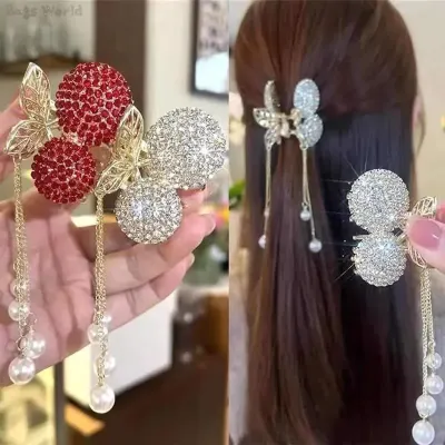 Cherry Tassel Rhinestone Hair Clip Hairpin 