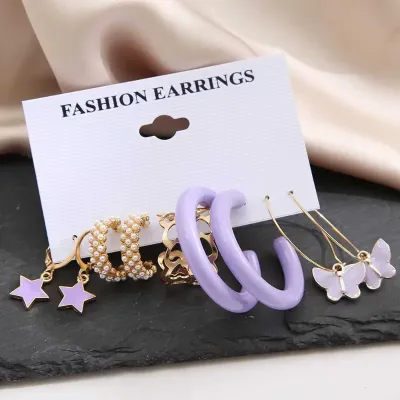 5 Pair Purple C Shape  Butterfly  Pearl Hoop Earrings 