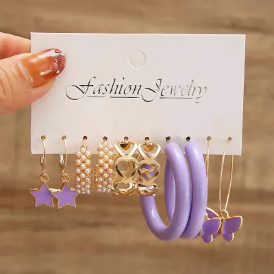 5 Pair Purple C Shape  Butterfly  Pearl Hoop Earrings 