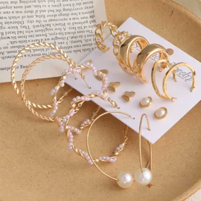 9 Pair Pearl Big Geometric Hoop & Stud Earrings Set 