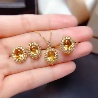 4 Pcs Golden Crystal Earrings Ring Necklace Set 