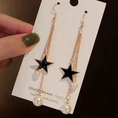 Star Shape Pearl Decor Long Dangle Earrings