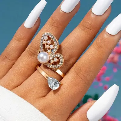 Half Butterfly Golden Pearl  Stone Studded Finger Ring