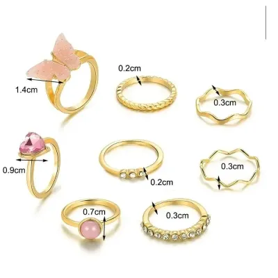8 Pcs Pink Golden Finger Ring Set
