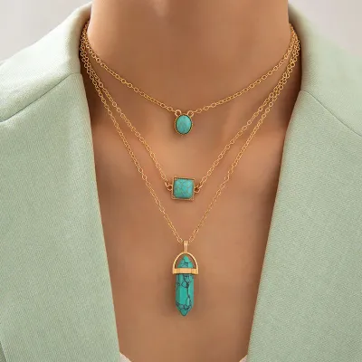 3 Layer Geometric Turquoise Pendant Necklace 