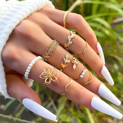 10 Pcs Trendy  Pearl Leaf Finger Ring 