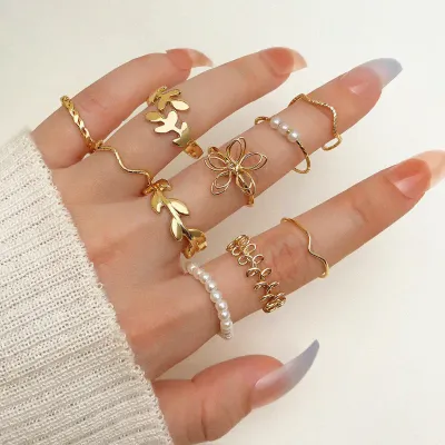 10 Pcs Trendy  Pearl Leaf Finger Ring 