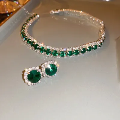 Green Crystal Necklace and Earrings Set 