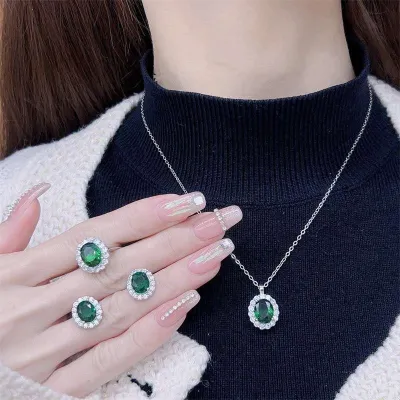 4 Pcs Green Oval Crystal Earring Ring Necklace Set 