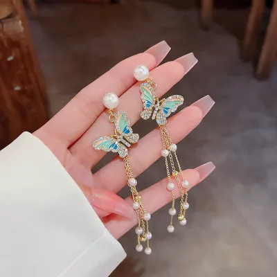 Butterfly Pearl Tassel Earrings 