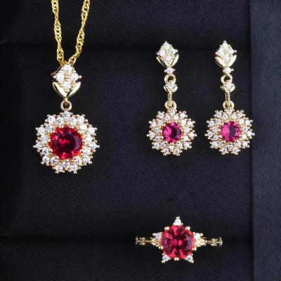 4Pcs Crystal Round Red Jewellery Set 