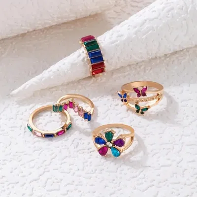 5 Pcs Colorful Geometric Butterfly  Finger Ring Set 