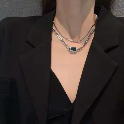 Double-layer Chain Square Black Stone Necklace 