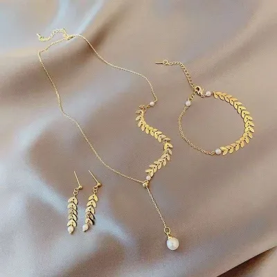4 Pcs Wheat Ear Pearl Bracelet Necklace Earrings Set 