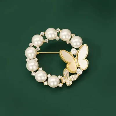 Round Floral Flower  Butterfly Pearl Hijab Brooch 