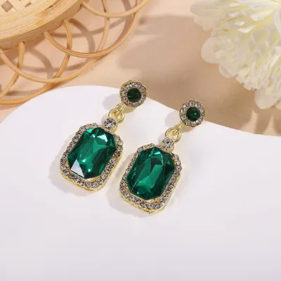 Green Crystal Square Drop Earrings