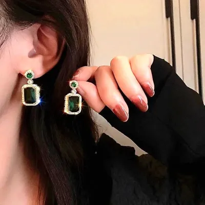 Green Crystal Square Drop Earrings
