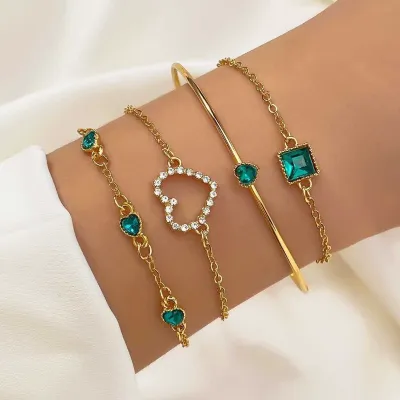 4 Pcs Green Stone Love Bracelet Set 