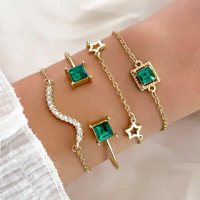 4 Pcs Green Square Crystal Bracelet Set 