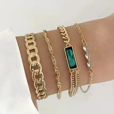 4 Pcs Multilayer Green Crystal Bracelet Set 