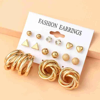 8 Pair Golden Colour Hoops Stud Earrings Set