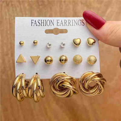 8 Pair Golden Colour Hoops Stud Earrings Set