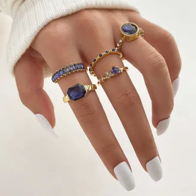 5pcs Blue Rhinestone Decor Ring Set