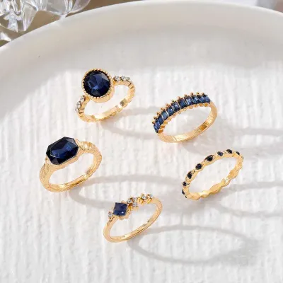 5pcs Blue Rhinestone Decor Ring Set