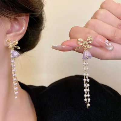 Pearl Orchid Long Tassel Earrings