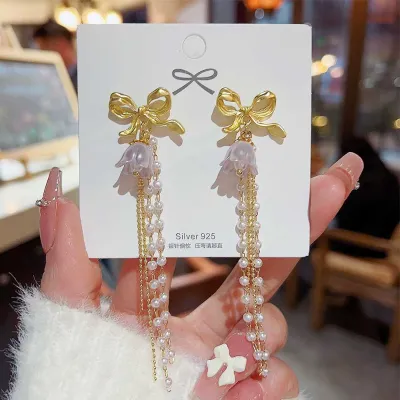 Pearl Orchid Long Tassel Earrings