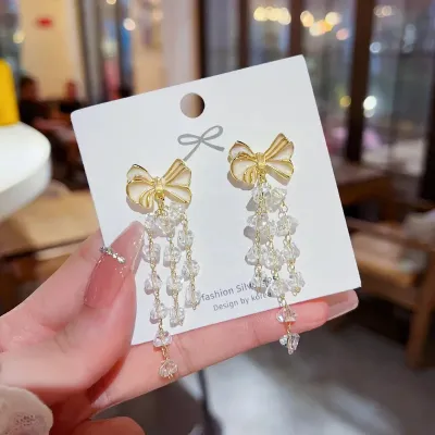 White Crystal Drop Tassel Bow Earring 