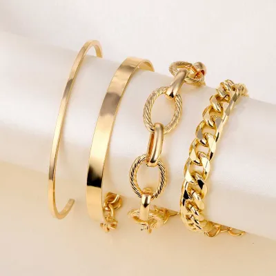 4 Pcs Round Chain Cuff Gold Bracelet Set