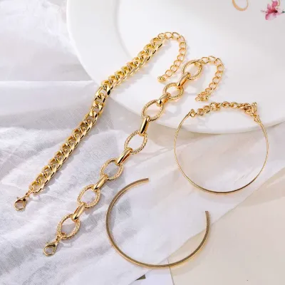 4 Pcs Round Chain Cuff Gold Bracelet Set