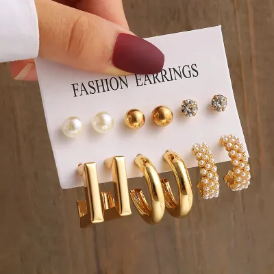 6 Pairs Pearl Hoop Earrings Set 