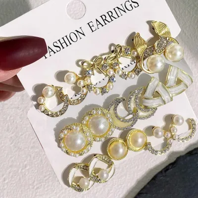 3 Pairs Vintage Crystal Pearl Stud Earrings Set 