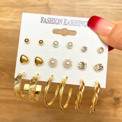 9 Pairs Circle Stud Pearl Earrings Set 