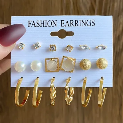 9 Pairs Pearl Stud C Shaped Hoop Earrings Set