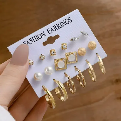 9 Pairs Pearl Stud C Shaped Hoop Earrings Set