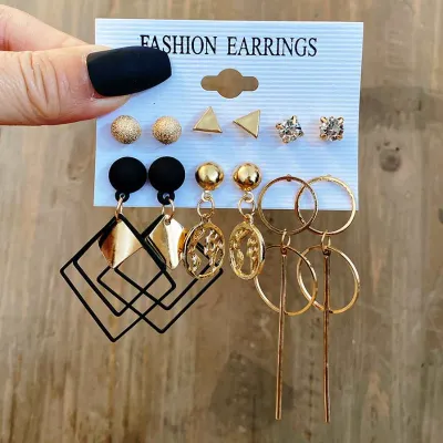 6 Pairs Black Golden Colour Earrings Set