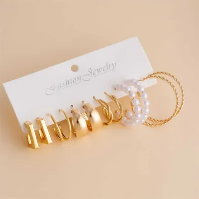 6 Pairs Geometric Circle Pearl Earrings Set 