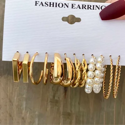 6 Pairs Geometric Circle Pearl Earrings Set 