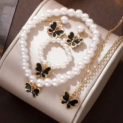 5pcs Alloy Oil Drop  Pearl Butterfly Jewelry Set 