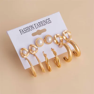 6 Pairs Pearl C Shape Hoop Earrings Set 