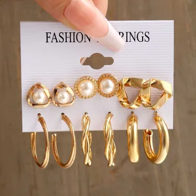 6 Pairs Pearl C Shape Hoop Earrings Set 