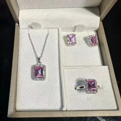 4 Pcs Pink Crystal Earring Ring Necklace Set 