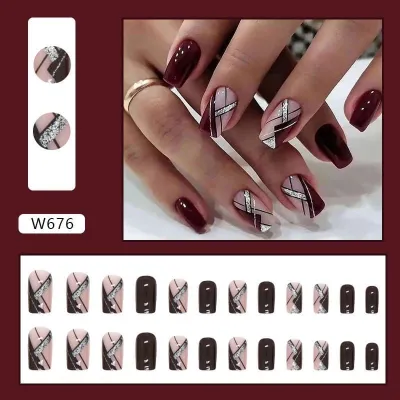 24 Pcs Dark Red Black Mystical Design Fake Nail
