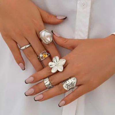 6 Pcs Flower Crystal Imitation Pearl Open Rings Set