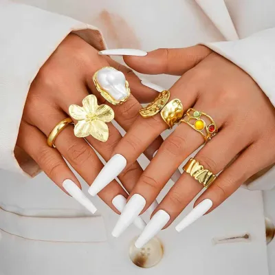 6 Pcs Flower Crystal Imitation Pearl Open Rings Set